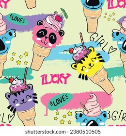 Seamless pattern with cute ice cream and animal face . For prints on T-shirts, textiles, paper products, the Web.