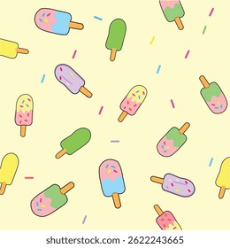 Seamless pattern with cute ice cream. Fruit ice cream on pink. For prints on T-shirts, textiles, paper products.
