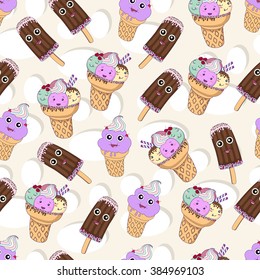 Seamless pattern with cute ice cream cone in tasty bright colors in vector