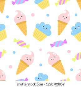Seamless pattern with cute ice creams, cupcakes and sweets.