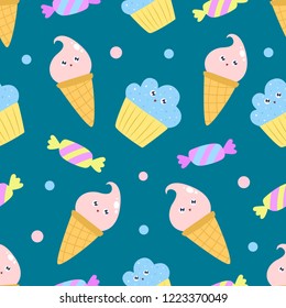 Seamless pattern with cute ice creams, cupcakes and sweets.