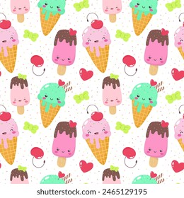 Seamless pattern with cute ice creams, cartoon characters, children's fun summer print. Vector illustration.