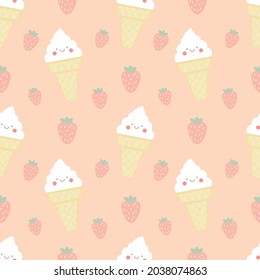 Seamless pattern cute ice-cream on pastel pink color background decorate with strawberry.