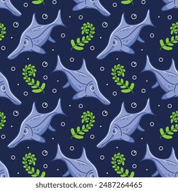 Seamless pattern cute ichthyosaur in Asian kawaii style. Dinosaur, prehistoric predator, mascot. Cartoon character Funny vector illustration for wallpaper, fabric, wrapping, background