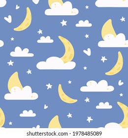 Seamless pattern with cute illustration of night starry sky with clouds and moon.