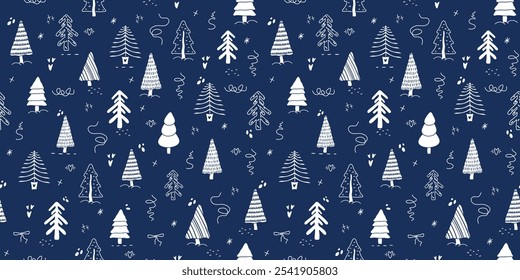 seamless pattern, cute illustration.  tree, stars, dots, snow, simple  design. hand drawn doodles are isolated on a blue background. A trend concept for print, banners, social networks, poster. vector