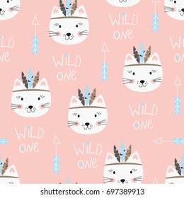 Seamless pattern with cute indian cats. Vector illustration for wrapping paper, scrapbook paper, bedding pattern