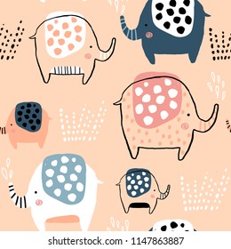 Seamless pattern with cute ink drawn elephants. Creative childish texture. Great for fabric, textile Vector Illustration