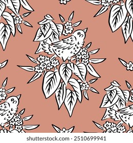 Seamless pattern with cute inky bird and flowers motifs. Hand drawn floral wallpaper