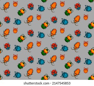 Seamless pattern with cute insect beetles. Vector background