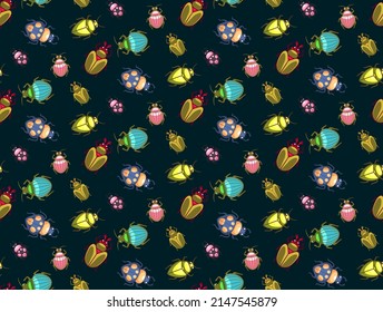 Seamless pattern with cute insect beetles. Vector background