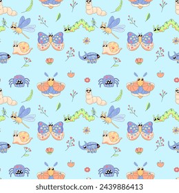 Seamless pattern, cute insects, butterflies, snail, bugs, worm, cartoon, baby.