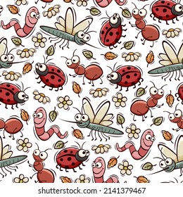 Seamless pattern with cute insects in doodle style. Hand drawn cute insects seamless pattern.