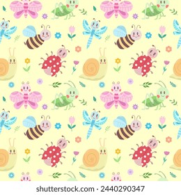 Seamless pattern with cute insects, flowers and leaves. Grasshopper, dragonfly, butterfly, ladybug, bee, snail. Vector