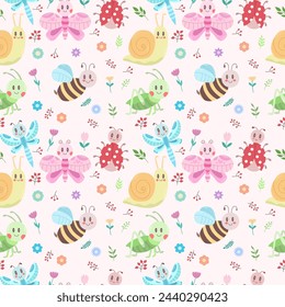 Seamless pattern with cute insects, flowers and leaves. Grasshopper, dragonfly, butterfly, ladybug, bee, snail. Vector