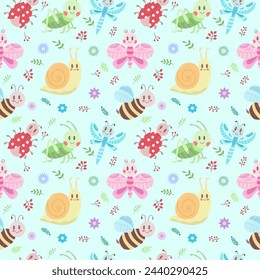 Seamless pattern with cute insects, flowers and leaves. Grasshopper, dragonfly, butterfly, ladybug, bee, snail. Vector