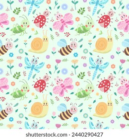 Seamless pattern with cute insects, flowers and leaves. Grasshopper, dragonfly, butterfly, ladybug, bee, snail. Vector