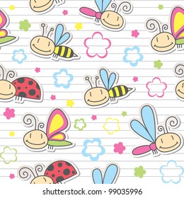 seamless pattern with cute insects and flowers