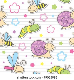 seamless pattern with cute insects and snails