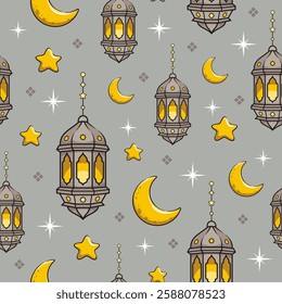 Seamless Pattern Cute Islamic Lantern, Moon, And Star. Cartoon Illustration.