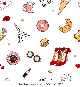 Seamless pattern with cute isolated girl elements in white background. Romantic sweet texture with women's things.Trendy wallpaper with female accessory. White background in french style