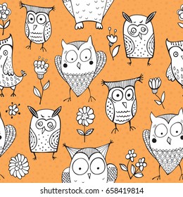 Seamless pattern of cute isolated owls. Great for baby shower and kids design. Owls, flowers, hearts on yellow background. Vector illustration