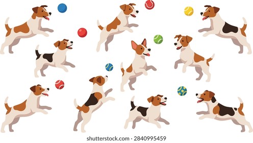 Seamless pattern with cute Jack Russell Terrier dogs and colorful balls on white background