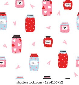 Seamless pattern with cute jam jar. Perfect for Valentines Day decoration. Vector hand drawn illustration.