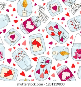 Seamless pattern with cute jam jar. Perfect for Valentines Day decoration. Wedding and romance concept. Vector hand drawn illustration.