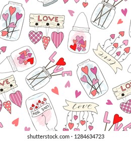 Seamless pattern with cute jam jar. Perfect for Valentines Day decoration. Wedding and romance concept. Vector hand drawn illustration.