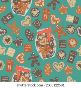 Seamless pattern of cute jar with different designs of Christmas gingerbread cookies and wrap with a red ribbon. Vector illustration