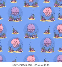 Seamless pattern with cute jellyfish boy and girl with underwater underworld landscape with algae on blue background. Vector illustration. Cartoon undersea character animals. Kids collection