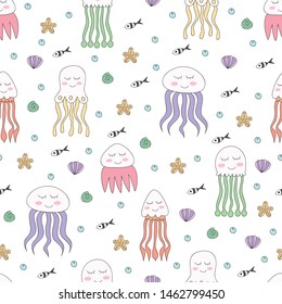 Seamless pattern cute jellyfish cartoon hand drawn style.vector and illustration