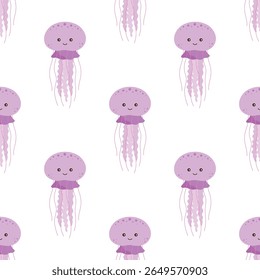 seamless pattern of cute jellyfish on white background, marine life animals, perfect for print, fabric, greeting card and invitation, flat vector illustration