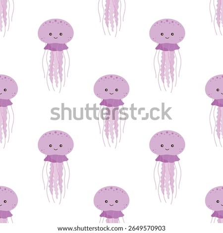 seamless pattern of cute jellyfish on white background, marine life animals, perfect for print, fabric, greeting card and invitation, flat vector illustration