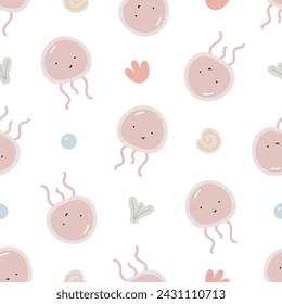 Seamless pattern with cute jellyfish. Sea character. For for kids design, fabric, wrapping, cards, textile, wallpaper, apparel. Isolated vector cartoon illustration in flat style on white background.