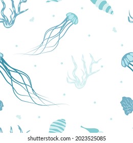 Seamless pattern with cute jellyfish, seashells and seaweed - vector illustration, eps