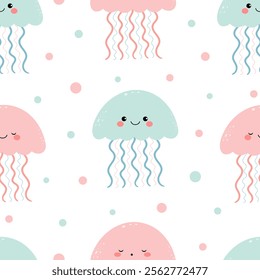 Seamless pattern with cute jellyfish. Vector.