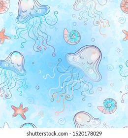 Seamless pattern with cute jellyfish. Watercolor. Vector.