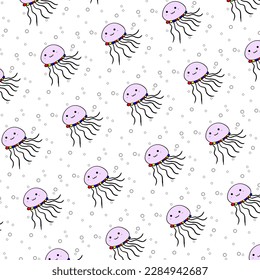 Seamless pattern with cute jellyfishes. White background. For printing, fabric, textile, manufacturing, wallpapers. 