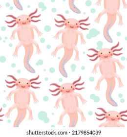 Seamless pattern with cute joy cartoon pink axolotl in various positions. 