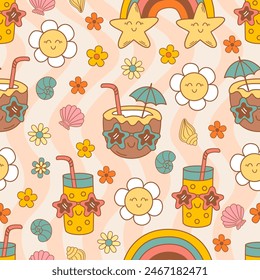 seamless pattern with   cute juice, coconut, flowers