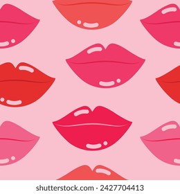 Seamless pattern with cute juicy pink and red lips with different color lipsticks on, hand drawn vector illustration