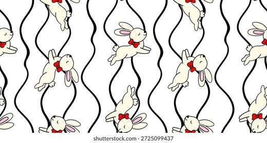Patrón sin fisuras con lindos conejos saltando con arcos rojos en el fondo blanco abstracto negro de las líneas onduladas para los niños
