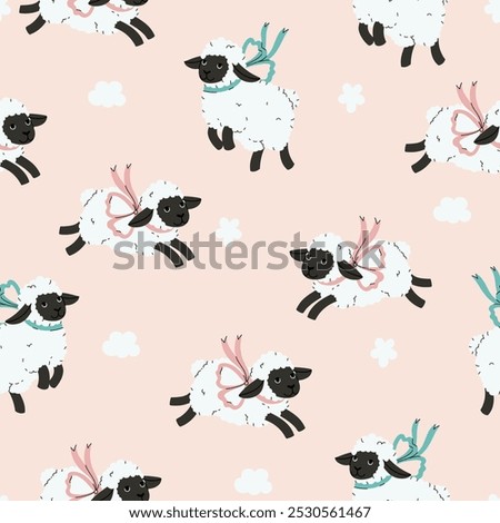 Seamless pattern with cute jumping sheep with black muzzles and bows on their necks. Vector graphics.