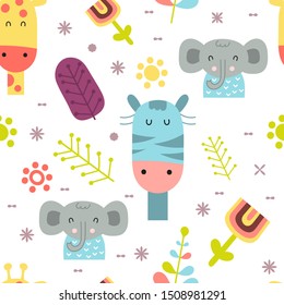 Seamless pattern with cute jungle animals - giraffe, zebra, elephant in Scandinavian style. Vector Illustration. Kids poster for nursery design. Great for baby clothes, greeting card, wrapping paper.