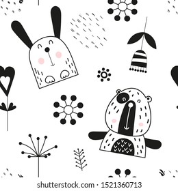 Seamless pattern with cute jungle animals - bear, hare in Scandinavian style. Vector Illustration. Kids poster for nursery design. Great for baby clothes, greeting card, wrapping paper.