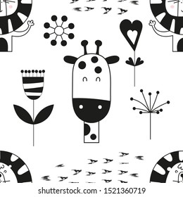 Seamless pattern with cute jungle animals - giraffe, lion in Scandinavian style. Vector Illustration. Kids poster for nursery design. Great for baby clothes, greeting card, wrapping paper.