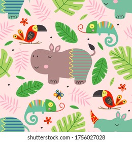 seamless pattern with cute jungle animals  -  vector illustration, eps