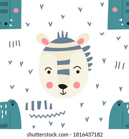 Seamless pattern with cute jungle animals - zebra, croc, crocodile. Vector. Kids illustration for nursery. Perfect for baby clothes, greeting card, wrapping. Pattern is cut, no clipping mask.